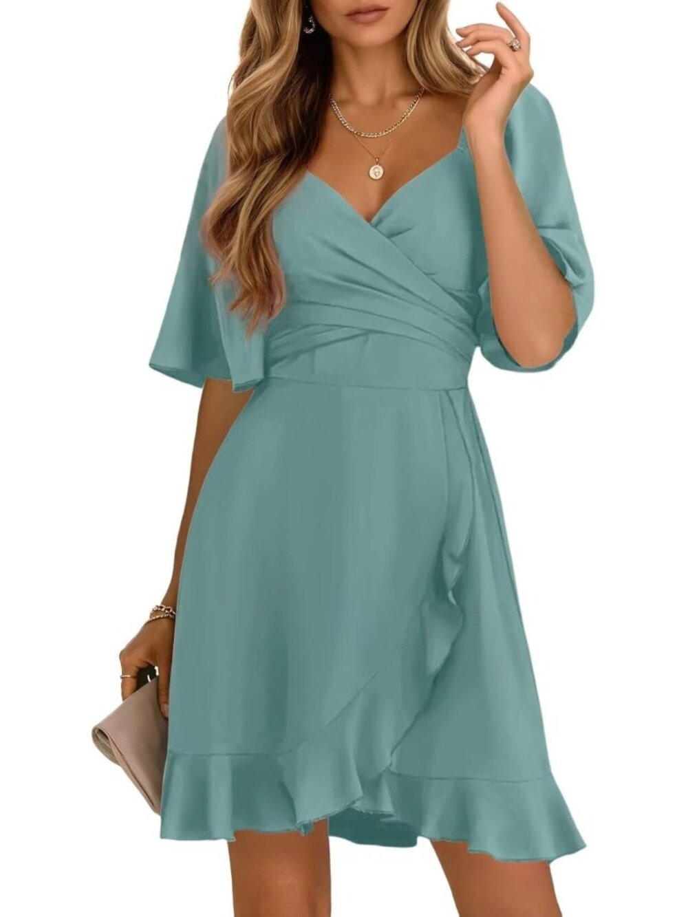 Women's Skobeloff Wrap V Neck Short Sleeve Elastic Waist Wedding Mini Dresses